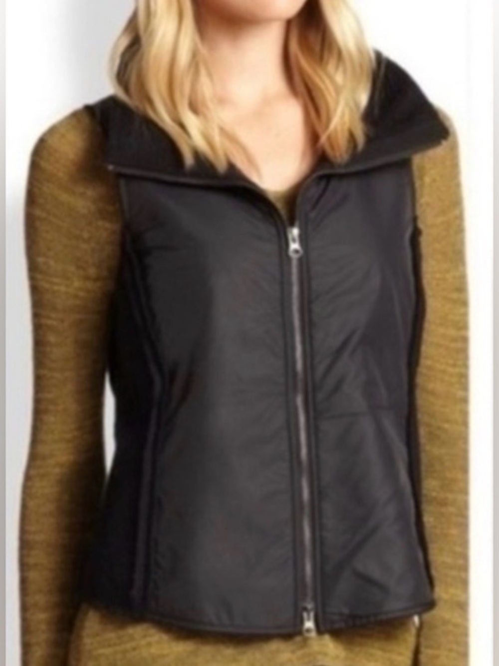 Eileen Fisher Black Wool and Vinyl Zipper Collared Vest